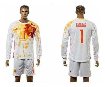 Spain #1 Casillas White Away Long Sleeves Soccer Country Jersey1