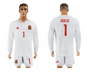 Spain #1 Casillas White Away Long Sleeves Soccer Country Jersey
