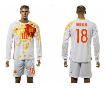 Spain #18 Jordi Alba White Away Long Sleeves Soccer Country Jersey1