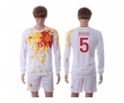 Spain #5 Puyol White Away Long Sleeves Soccer Country Jersey