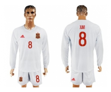 Spain #8 Xavi White Away Long Sleeves Soccer Country Jersey