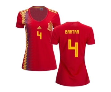 Women Spain #4 Bartra Red Home Soccer Country Jersey