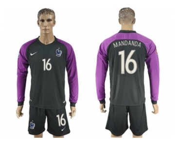 France #16 Mandanda Black Goalkeeper Long Sleeves Soccer Country Jersey