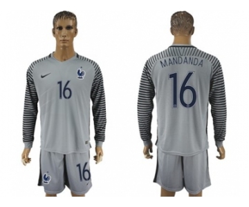 France #16 Mandanda Grey Goalkeeper Long Sleeves Soccer Country Jersey