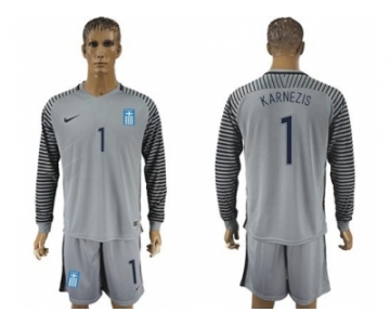 Greece #1 Karnezis Grey Goalkeeper Long Sleeves Soccer Country Jersey