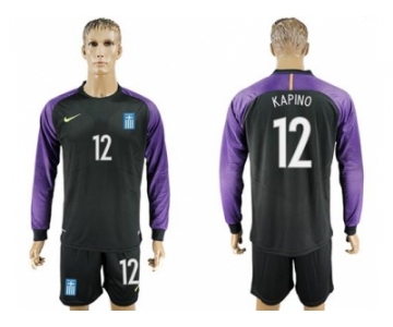 Greece #12 Kapino Black Goalkeeper Long Sleeves Soccer Country Jersey