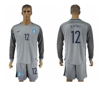 Greece #12 Kapino Grey Goalkeeper Long Sleeves Soccer Country Jersey