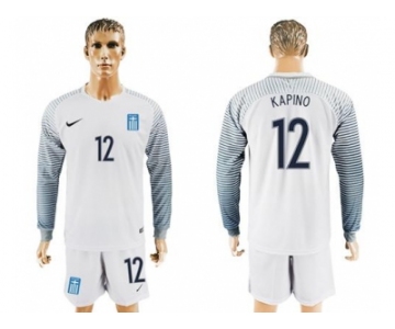 Greece #12 Kapino White Goalkeeper Long Sleeves Soccer Country Jersey