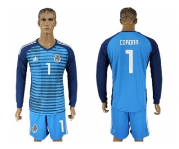 Mexico #1 Corona Blue Long Sleeves Goalkeeper Soccer Country Jersey