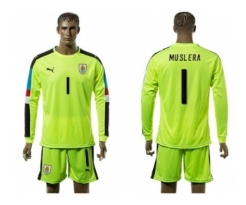 Uruguay #1 Muslera Shiny Green Long Sleeves Soccer Country Jersey