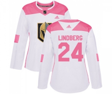Women Adidas Vegas Golden Knights #24 Oscar Lindberg Authentic White Pink Fashion NHL Jersey
