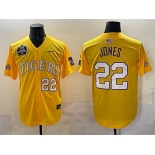 Men's LSU Tigers #22 Jared Jones Gold 2025 World Series & SEC Patch Stitched Baseball Jersey Men's LSU Tigers #22 Jared Jones Gold 2025 World Series & SEC Patch Stitched Baseball Jersey
