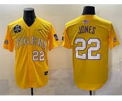 Men's LSU Tigers #22 Jared Jones Gold 2025 World Series & SEC Patch Stitched Baseball Jersey Men's LSU Tigers #22 Jared Jones Gold 2025 World Series & SEC Patch Stitched Baseball Jersey