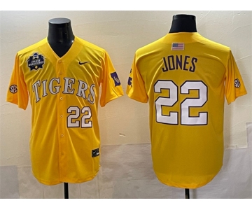 Men's LSU Tigers #22 Jared Jones Gold 2025 World Series & SEC Patch Stitched Baseball Jersey