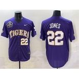 Men's LSU Tigers #22 Jared Jones Purple 2025 World Series & SEC Patch Stitched Baseball Jersey