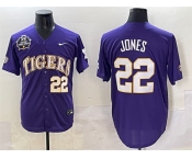 Men's LSU Tigers #22 Jared Jones Purple 2025 World Series & SEC Patch Stitched Baseball Jersey Men's LSU Tigers #22 Jared Jones Purple 2025 World Series & SEC Patch Stitched Baseball Jersey