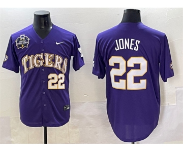 Men's LSU Tigers #22 Jared Jones Purple 2025 World Series & SEC Patch Stitched Baseball Jersey
