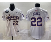 Men's LSU Tigers #22 Jared Jones White Pinstripe 2025 World Series & SEC Patch Stitched Baseball Jersey Men's LSU Tigers #22 Jared Jones White Pinstripe 2025 World Series & SEC Patch Stitched Baseball Jersey
