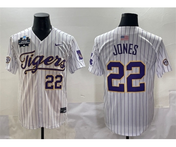 Men's LSU Tigers #22 Jared Jones White Pinstripe 2025 World Series & SEC Patch Stitched Baseball Jersey