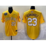 Men's LSU Tigers #23 Luis Hernandez Gold 2025 World Series & SEC Patch Stitched Baseball Jersey