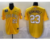 Men's LSU Tigers #23 Luis Hernandez Gold 2025 World Series & SEC Patch Stitched Baseball Jersey Men's LSU Tigers #23 Luis Hernandez Gold 2025 World Series & SEC Patch Stitched Baseball Jersey