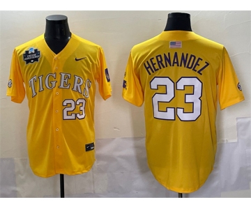 Men's LSU Tigers #23 Luis Hernandez Gold 2025 World Series & SEC Patch Stitched Baseball Jersey