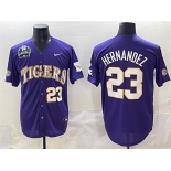 Men's LSU Tigers #23 Luis Hernandez Purple 2025 World Series & SEC Patch Stitched Baseball Jersey