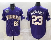 Men's LSU Tigers #23 Luis Hernandez Purple 2025 World Series & SEC Patch Stitched Baseball Jersey Men's LSU Tigers #23 Luis Hernandez Purple 2025 World Series & SEC Patch Stitched Baseball Jersey