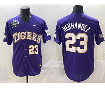Men's LSU Tigers #23 Luis Hernandez Purple 2025 World Series & SEC Patch Stitched Baseball Jersey
