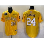Men's LSU Tigers #24 Anthony Eyanson Gold 2025 World Series & SEC Patch Stitched Baseball Jersey