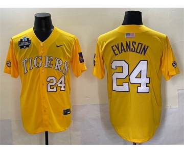 Men's LSU Tigers #24 Anthony Eyanson Gold 2025 World Series & SEC Patch Stitched Baseball Jersey