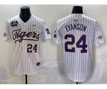 Men's LSU Tigers #24 Anthony Eyanson White Pinstripe 2025 World Series & SEC Patch Stitched Baseball Jersey