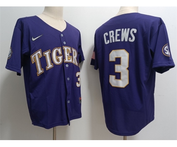 Men's LSU Tigers #3 ylan Crews Purple 2023 Stitched Baseball Jersey