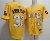 Men's LSU Tigers #32 Kade Anderson Gold 2025 Stitched Baseball Jersey Men's LSU Tigers #32 Kade Anderson Gold 2025 Stitched Baseball Jersey