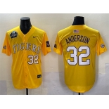 Men's LSU Tigers #32 Kade Anderson Gold 2025 World Series & SEC Patch Stitched Baseball Jersey Men's LSU Tigers #32 Kade Anderson Gold 2025 World Series & SEC Patch Stitched Baseball Jersey