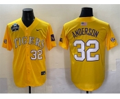 Men's LSU Tigers #32 Kade Anderson Gold 2025 World Series & SEC Patch Stitched Baseball Jersey Men's LSU Tigers #32 Kade Anderson Gold 2025 World Series & SEC Patch Stitched Baseball Jersey