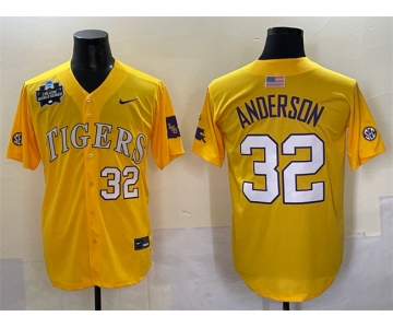 Men's LSU Tigers #32 Kade Anderson Gold 2025 World Series & SEC Patch Stitched Baseball Jersey