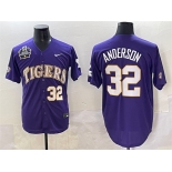 Men's LSU Tigers #32 Kade Anderson Purple 2025 World Series & SEC Patch Stitched Baseball Jersey Men's LSU Tigers #32 Kade Anderson Purple 2025 World Series & SEC Patch Stitched Baseball Jersey
