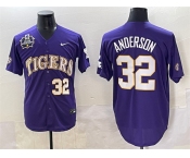 Men's LSU Tigers #32 Kade Anderson Purple 2025 World Series & SEC Patch Stitched Baseball Jersey Men's LSU Tigers #32 Kade Anderson Purple 2025 World Series & SEC Patch Stitched Baseball Jersey