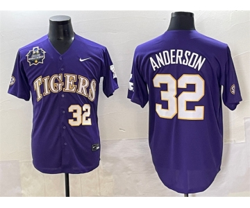 Men's LSU Tigers #32 Kade Anderson Purple 2025 World Series & SEC Patch Stitched Baseball Jersey