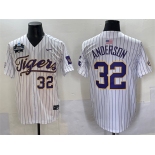 Men's LSU Tigers #32 Kade Anderson White Pinstripe 2025 World Series & SEC Patch Stitched Baseball Jersey Men's LSU Tigers #32 Kade Anderson White Pinstripe 2025 World Series & SEC Patch Stitched Baseball Jersey