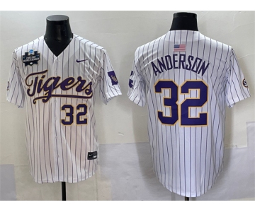 Men's LSU Tigers #32 Kade Anderson White Pinstripe 2025 World Series & SEC Patch Stitched Baseball Jersey