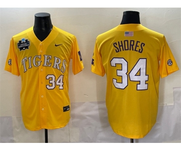 Men's LSU Tigers #34 Chase Shores Gold 2025 World Series & SEC Patch Stitched Baseball Jersey