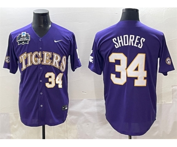 Men's LSU Tigers #34 Chase Shores Purple 2025 World Series & SEC Patch Stitched Baseball Jersey
