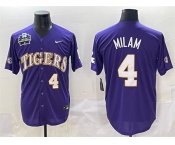 Men's LSU Tigers #4 Steven Milam Purple 2025 World Series & SEC Patch Stitched Baseball Jersey