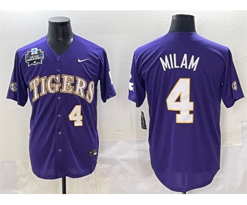 Men's LSU Tigers #4 Steven Milam Purple 2025 World Series & SEC Patch Stitched Baseball Jersey