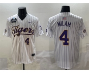 Men's LSU Tigers #4 Steven Milam White Pinstripe 2025 World Series & SEC Patch Stitched Baseball Jersey