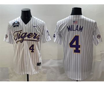 Men's LSU Tigers #4 Steven Milam White Pinstripe 2025 World Series & SEC Patch Stitched Baseball Jersey