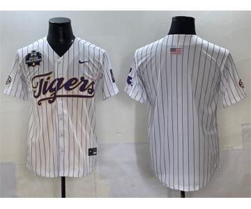 Men's LSU Tigers Blank White Pinstripe 2025 World Series & SEC Patch Stitched Baseball Jersey