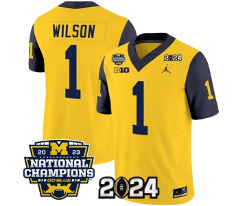 Men's Michigan Wolverines #1 Roman Wilson Yellow Navy 2024 F.U.S.E. With 2023 National Champions Patch Stitched Jersey